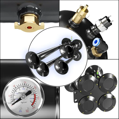 Vista 3 de Kit de bocina de aire de tren de 150DB, 4 kits de bocina para compresores de aire de 150 PSI 12V, bocina de aire ultra fuerte con interruptor