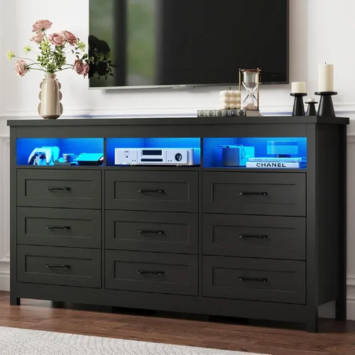 Vista 10 de Hlivelood Cómoda de granja de 9 cajones con luces LED, cómoda grande de 160 cm de ancho para dormitorio, cómoda de madera moderna con organizador