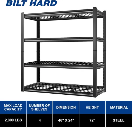 Vista 3 de BILT HARD Estantes de almacenamiento de garaje de metal de 4 niveles, 46" W x 24" D x 72" H Industrial Heavy Duty Garage Shelving with Adjustable