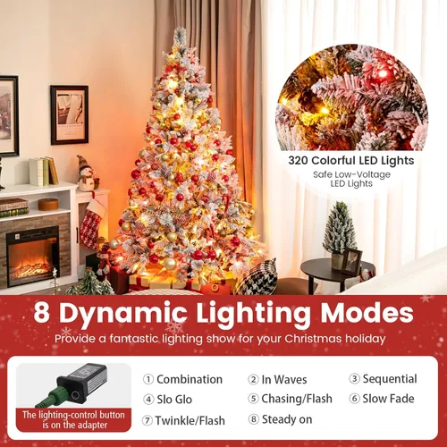 Vista 2 de Goplus - Árbol de Navidad artificial de 7 pies con nieve ya colocada, árbol de Navidad artificial con bisagras, con 320 luces LED multicolor, 8
