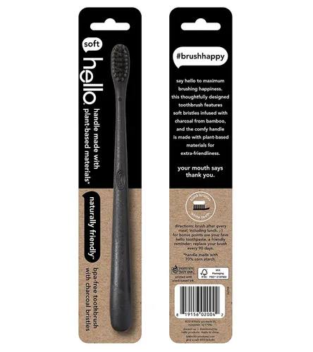 Vista 3 de Hello Cepillo de dientes de cerdas suaves con infusión de carbón, negro, sin BPA, vegano, mango a base de plantas, 1 unidad (paquete de 6)