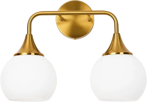 Vista 2 de Lámparas doradas de baño con 2 luces de tocador con pantalla de vidrio blanco leche, luces de tocador para baño, aplique de pared moderno para baño