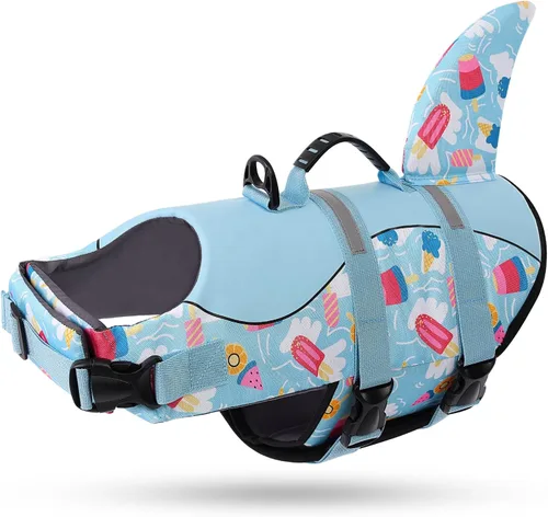 Vista 14 de Queenmore - Chaleco salvavidas para perros pequeños, medianos, grandes, estilo pescado, chaleco flotante con mango de goma suave ajustable, M