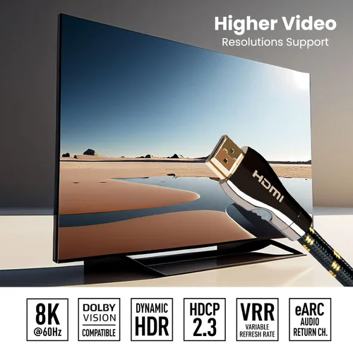 Vista 4 de Cable HDMI certificado de 10 pies (HDMI 2.1 10K 8K) HDMI de ultra alta velocidad HDR 48Gbps eARC VRR Dolby Atmos Vision para PS5 Xbox Series X RTX