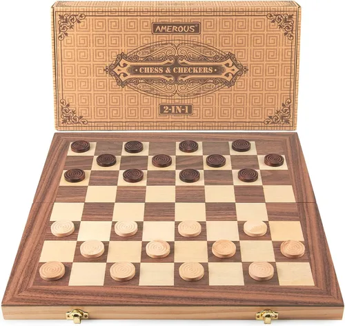 Vista 6 de AMEROUS Juego de ajedrez y damas de madera de 15", 2 juegos en 1 - 2 reinas extra - 24 piezas de damas - embalaje de regalo - ranuras