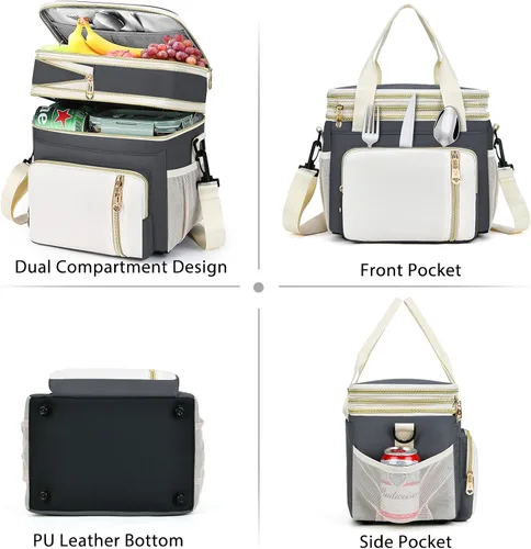 Vista 8 de BAGNN Lonchera para mujereshombres, bolsa de almuerzo aislada, bolsa enfriadora doble expandible, lonchera reutilizable para adultos con correa