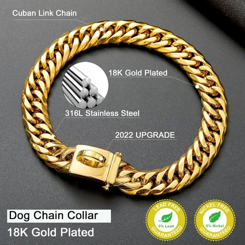 Vista 3 de Collar de perro con cadena de oro de 0.630 in, collar de perro de eslabones cubanos de oro de 18 quilates con hebilla de cierre seguro, cadena