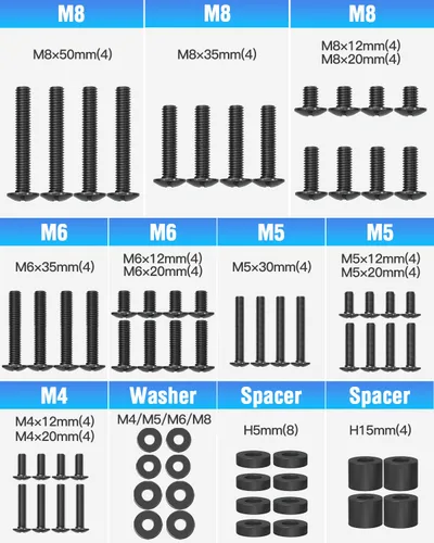 Vista 2 de Kit de herramientas universal ELIVED para montaje de TV con caja, incluye tornillos M4, M5, M6, M8, arandelas, espaciadores, tornillos de repuesto