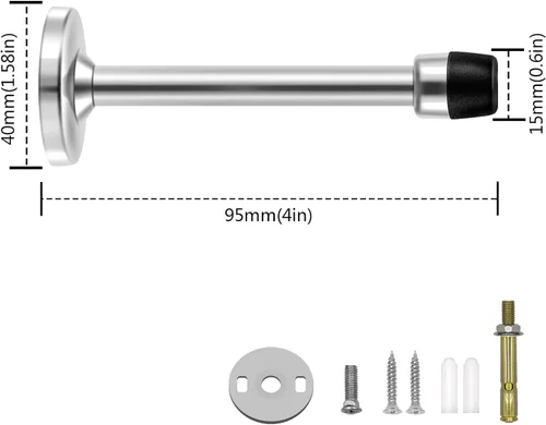 Vista 2 de Tope de puerta de 4 pulgadas, tope de puerta montado en la pared, tope de puerta de acero inoxidable de níquel satinado cepillado con puntas