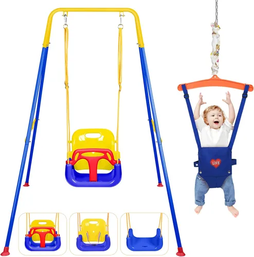 Juego de columpios 4 en 1 para niños pequeños, puente y gorila para bebés, soporte plegable para columpios para jugar en interiores y exteriores,