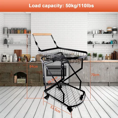 Vista 6 de Carrito utilitario plegable de 2 niveles con ruedas, carrito de compras plegable de 110 libras con ruedas, carrito plegable multifunción resistente