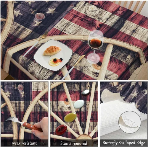 Vista 5 de Swono Mantel rectangular con diseño de bandera estadounidense de 52 x 70 pulgadas, diseño retro de madera, con ruedas de carro, bandera de Estados