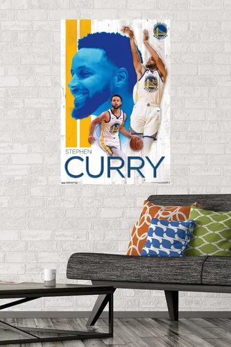 Vista 3 de Trends International NBA Golden State Warriors - Póster de pared de Stephen Curry 19, 14.725 x 22.375 pulgadas, versión enmarcada de madera