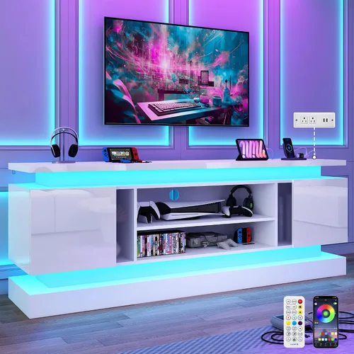 Soportes de TV LED de 71 pulgadas con toma de corriente para TV de 85/80/75 pulgadas, consola de TV moderna de alto brillo, centro de Blanco