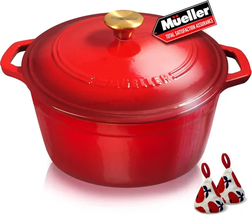 Vista 26 de MUELLER HOME Horno Holandés de Hierro Fundido Esmaltado de 4.5 QT, Cacerola de Servicio Pesado y Sartén Braseadora con Tapa y Perilla de Acero