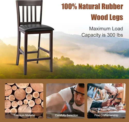 Vista 6 de COSTWAY Juego de 2 taburetes de bar, sillas de bar de 25 pulgadas de altura de mostrador con patas de madera de goma, sillas de bar sin brazos