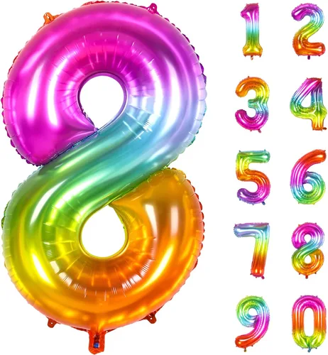 Vista 13 de Globo numérico, globos numéricos gigantes de 40 pulgadas para decoraciones de cumpleaños arco iris, globos numéricos grandes de 0 de mylar