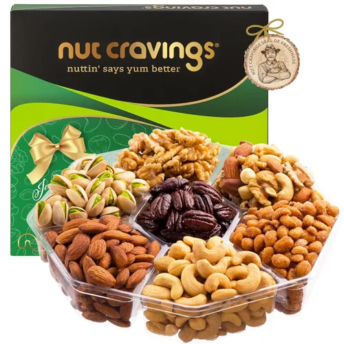 NUT CRAVINGS - Golosinas para el día de la madre, cesta de regalo de nueces mixtas en caja de oro verde (7 surtidos, 2 libras) golosinas para