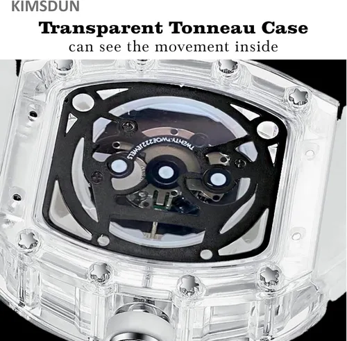 Vista 6 de KIMSDUN - Elegante reloj deportivo de esqueleto, impermeable, reloj de pulsera mecánico automático, caja transparente Tonneau reloj casual, correa