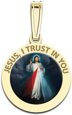 Vista 2 de PicturesOnGoldcom Divine Mercy RoundOval Religious Medal Available in Sterling Silver and Solid 14K Yellow Gold