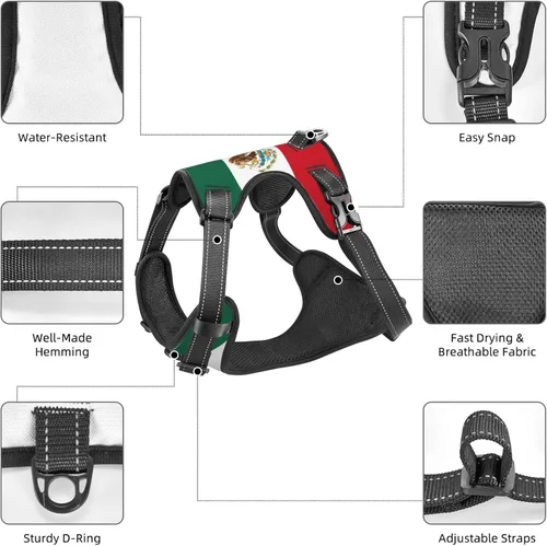 Vista 7 de Arnés para perro con bandera mexicana, arnés sin tirones con correa, chaleco Oxford reflectante y ajustable para mascotas, con tecnología fácil