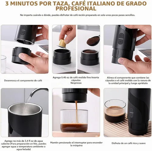Vista 7 de Juego de cafetera portátil, molinillo de café manual recargable y espumador de leche eléctrico, todo en 1, mini cafetera de viaje para campamento