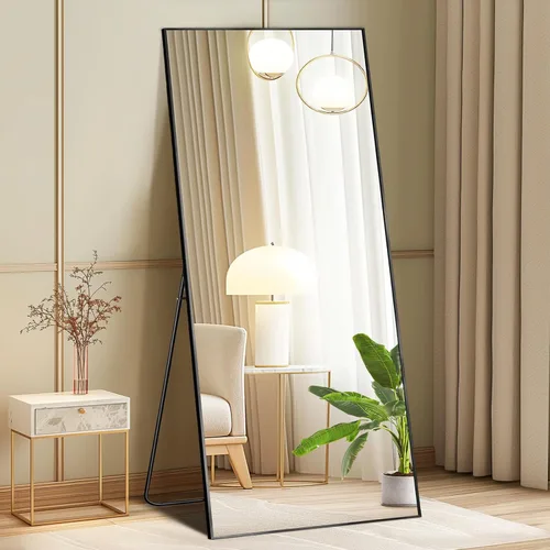 Vista 22 de DUMOS - Espejo de pie arqueado de cuerpo completo con soporte, marco de aluminio, para colgar o apoyar, nanocristal inastillable, para decorar