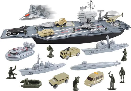 deAO Portaaviones de juguete con soldados del ejército a escala, aviones de guerra, buques de guerra, vehículos militares, acorazados, aviones,