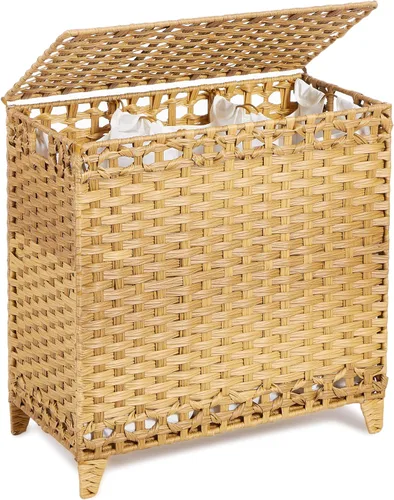 Vista 12 de Cesta para ropa sucia con 3 bolsas extraíbles; cesta de lavandería de ratán tejida a mano de 132 litros con tapa y pies elevados; cesta de ropa