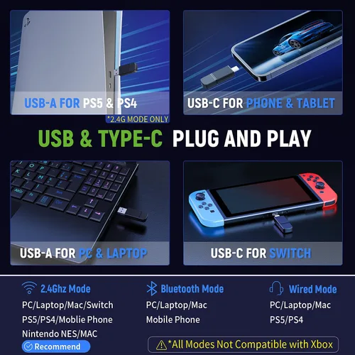 Vista 6 de Auriculares inalámbricos para juegos para PC Ps5 Ps4, auriculares USB y tipo C de 2.4 GHz, sonido envolvente de 40 horas y 7.1 horas con micrófono