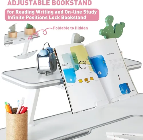 Vista 28 de COSVALVE Escritorio ajustable para niños con cajón, mesa de estudio ergonómica multifunción de 39 pulgadas de ancho con estante, escritorio Azul