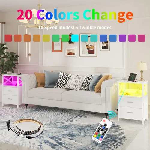 Vista 7 de Mesita de noche LED con estación de carga, mesa auxiliar con puertos USB y tomas, mesa auxiliar para espacios pequeños, mesitas de noche blancas