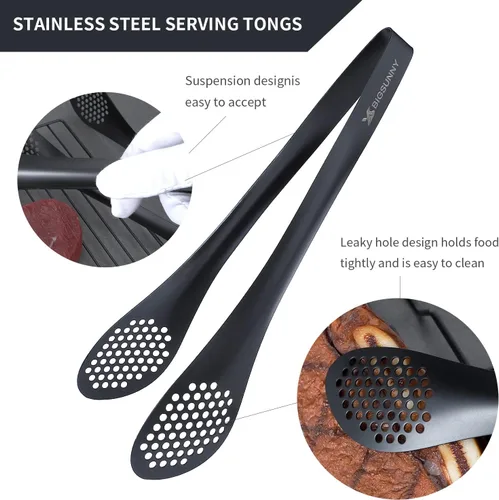 Vista 3 de MSY BIGSUNNY Pinzas de acero inoxidable para bufé, pinzas de cocina resistentes para cocinar y servir (negro, pinzas para servir de 11 pulgadas)