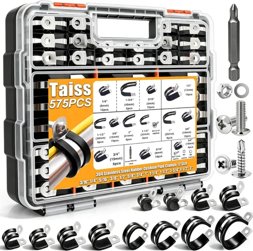 Vista 12 de Taiss Kit surtido de 270 abrazaderas de cable, abrazaderas de tubo de alambre aisladas de goma de acero inoxidable 304, 10 tamaños, abrazaderas