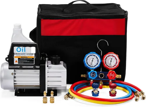 Vista 8 de SUNROAD Juego de bomba de vacío para aire acondicionado HVAC, 3 CFM 1/4HP, kit de manómetro para refrigeración de aire acondicionado AC para R410A