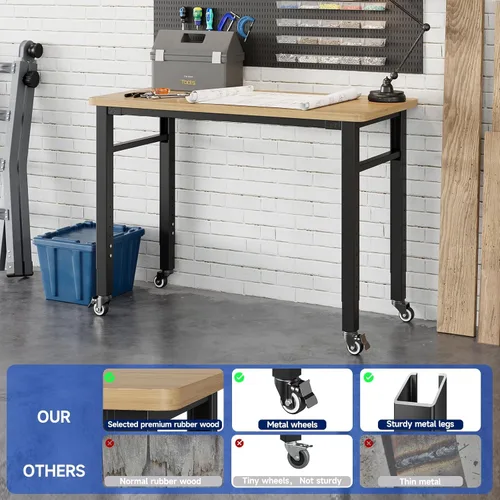 Vista 5 de Yizosh Banco de trabajo portátil ajustable de 48 pulgadas con ruedas, parte superior de madera de goma, capacidad de carga resistente de 2000