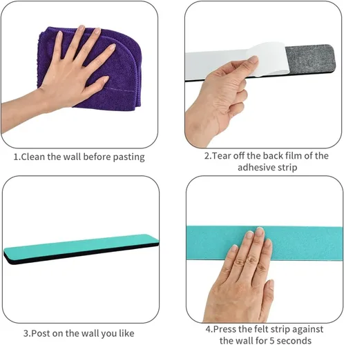Vista 3 de Vuzvuv 8 tiras de barra para tablón de anuncios con 50 alfileres y 10 pines de clip de madera, tablero de corcho autoadhesivo para pared, tablero