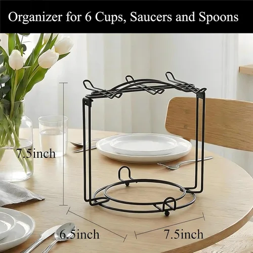 Vista 3 de YOLIFE Soporte para tazas de té. para 6 tazas, 6 platitos, 6 cucharas, desarmable., Negro