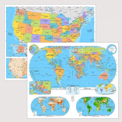 Paquete de mapas laminados primarios para aulas de Estados Unidos y el Mundo | Mapas educativos de pared de 36 x 30 pulgadas | Grados 1 a 5 |