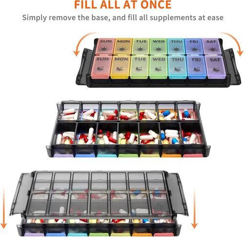 Vista 3 de FGcase - Pastillero extragrande 2 veces al día, pastillero FGcase Easy Fill AM PM, gran capacidad, recarga rápida de 7 días para pastillas