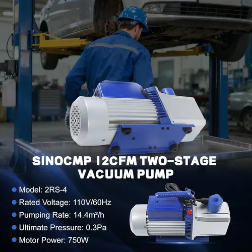 Vista 2 de SINOCMP Bomba de vacío 12CFM 1HP Doble etapa 110v 60HZ Aire acondicionado Bomba de vacío HVAC Herramienta de aire Paleta rotativa para sistemas
