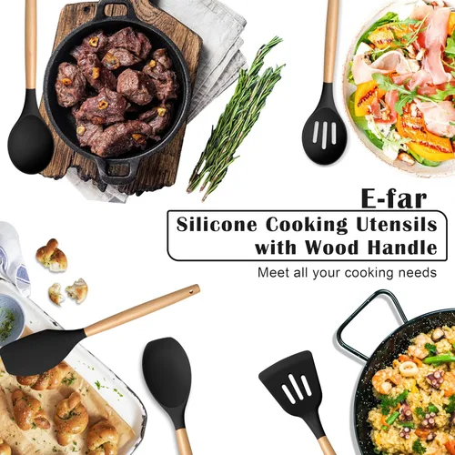 Vista 6 de E-far - Juego de utensilios de cocina de silicona, 5 piezas, juego de utensilios de cocina negros con mango de madera para cocinar, espátulas