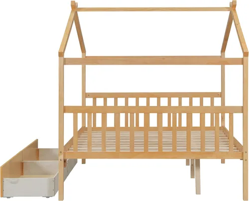 Vista 85 de Merax Cama de madera de tamaño individual con dos cajones, marco de cama de madera con techo para niños, adolescentes, niños o niñas, gris