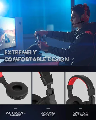 Vista 4 de HOPEMATE Auriculares para juegos con cable con micrófono sonido envolvente auriculares sobre la oreja con orejera suave y diadema ajustable luces