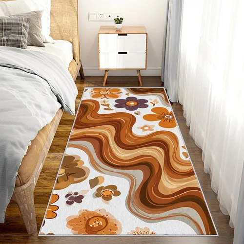 Vista 3 de 70s Retro Floral Runner Rug 2x10 - Washable Funky Flower Hallway Rugs Non Slip, Orange Brown Abstract Wavy Decor Carpet Runner for Bedroom Kitchen