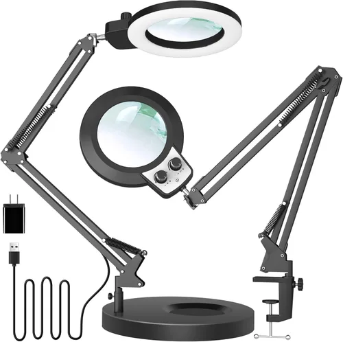 KIRKAS Lupa 12X con luz y soporte, cualquier modo de color y brillo sin escalones, lámpara LED de aumento con abrazadera, lente de lupa 2 en 1,