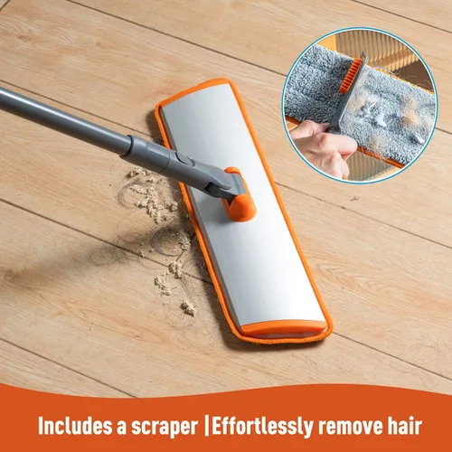 Vista 7 de CLEANHOME Trapeador de microfibra con mango largo extensible, trapeador plano con 4 almohadillas reutilizables y 1 limpiador para eliminar