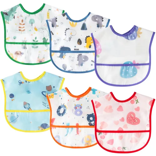 Vista 11 de 6 piezas de baberos impermeables para niños pequeños con bolsillo recogemigas, juego de baberos para bebés con ajuste para dientes de leche, baberos