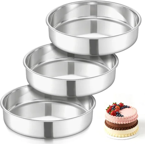 Vista 9 de E-far Juego de 3 moldes para pasteles de 8 pulgadas, de acero inoxidable, de capa redonda, no tóxico y saludable, acabado espejo y apto