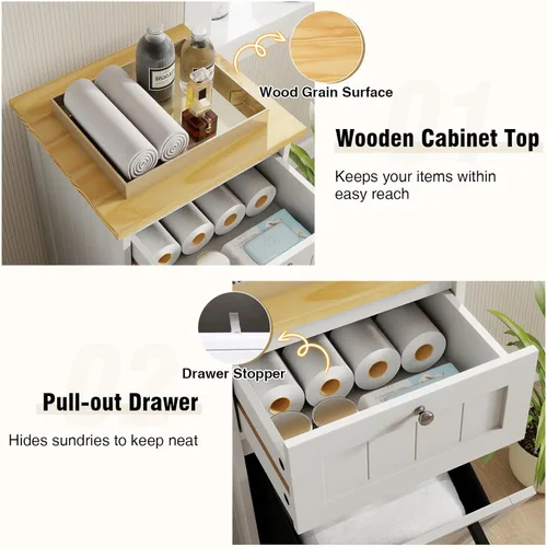 Vista 7 de Giantex Gabinete de cesta de lavandería inclinable, gabinete de almacenamiento de baño con cajón, cesta de lavandería extraíble, encimera de bambú